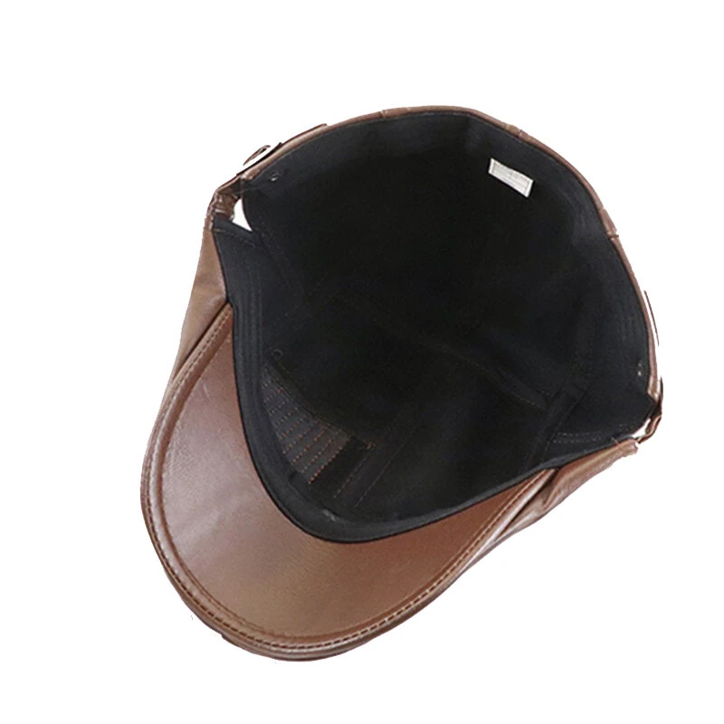 (image for) Collrown Beret Mens Adjustable PU Leather Flat Cap Stitch Newsboy Cap Driving Fishing Cabbie Hat Peaked Cap for Autumn Winter