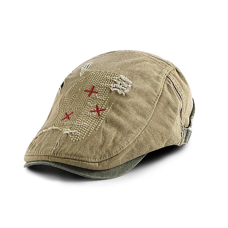 (image for) Collrown Denim Beret Hat Vintage Casual Flat Hat for Men Embroidery Patchwork Aged Peaked Cap Outdoor Retro Caps